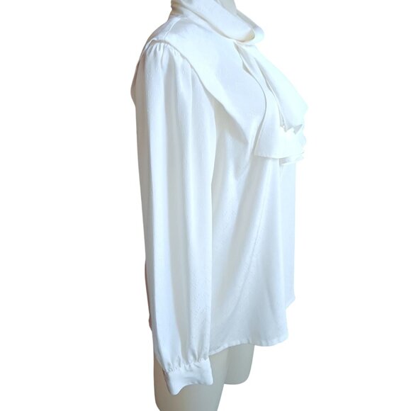 Medium 10 True Vintage Blouse White Ruffled High Neck Button Back Mom Secretary - Picture 4 of 7